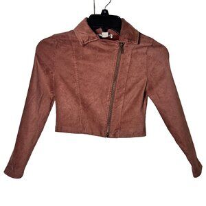 Girls Knitworks Faux Suede Cropped Moto Jacket Pink Brown Size M (10–12)